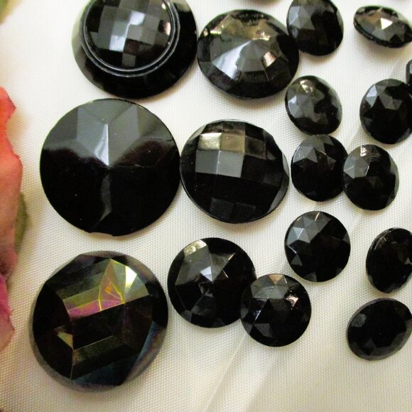 ANTIQUE Faceted French Jet Buttons: VICTORIAN Edwardian Black Glass Button Lot - Picture 3 of 12